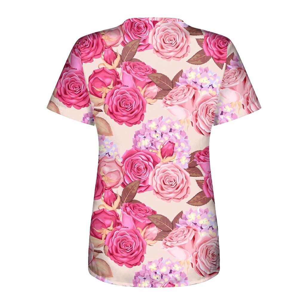 Women's Casual Wear Printed Short-sleeved V-neck Tops Workwear Pocket Tops