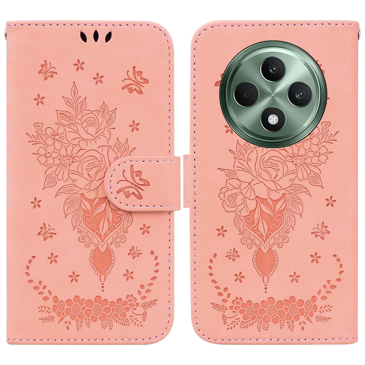 

For Oppo Reno12 F 5G Case PU Leather Wallet Phone Cover Butterfly Flower Imprint Pink