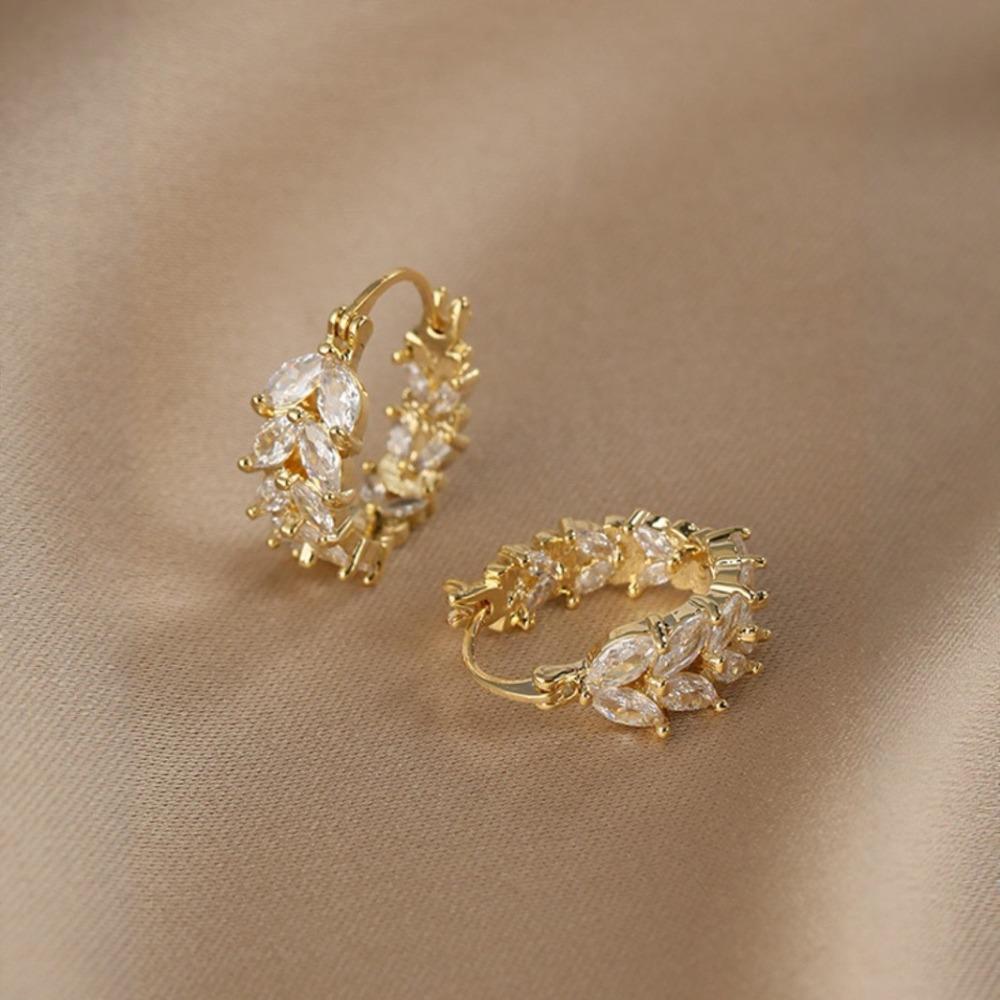 Korean Luxury Gold Color Sparkling Zircon Ear of Wheat Hoop Earrings for Women Wedding Party Daily Wear Exquisite Jewelry Gifts