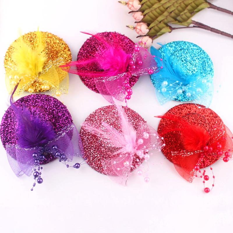 1Pc Headwear Hair Accessories Fascinator Hat Feather Flower Girl Pearl Beaded Decor Hair Clips Children's