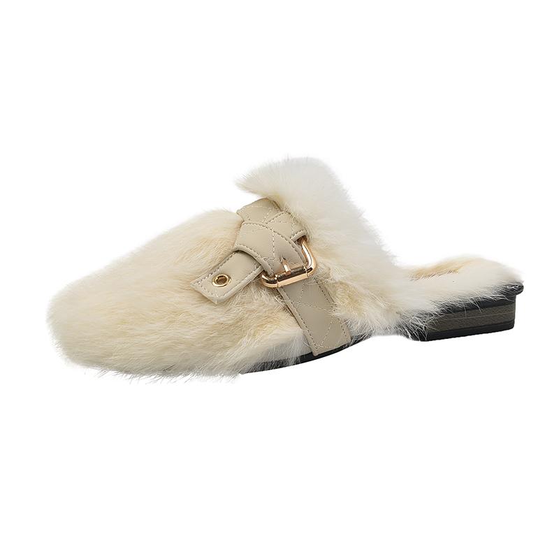 Winter New Baotou Slippers Women's Round Head Plush Deep Mouth Rivet Soft Sole Anti-slip Wear-resistant Flat Shoes