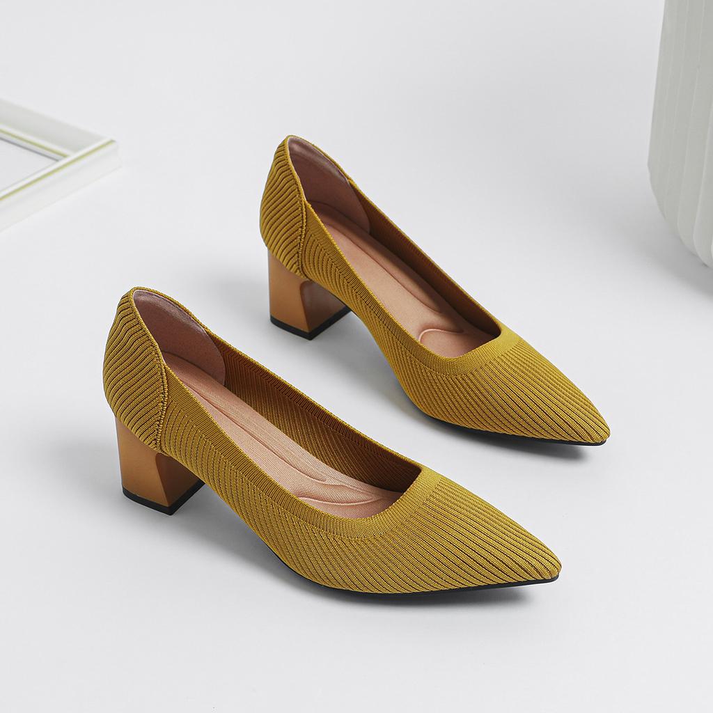 2026Women's large high-heeled shoes Multicolor pointy knit breathable comfortable anti-skid rubber sole work shoes  new autumn