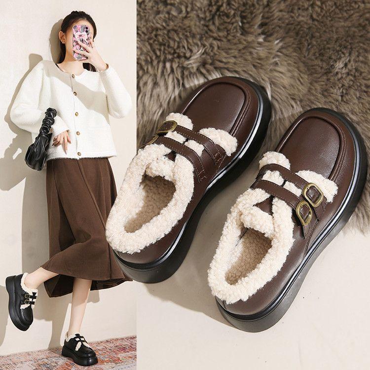 Fleece Britisk stil små skinnsko dame høst og vinter nye fluffy snøstøvler tykksålede varme bomullssko