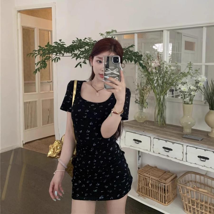 French Black Floral Short Sleeve Dress Femininity Small Waist Skinny Short Skirt Summer Spice Girl Dress S