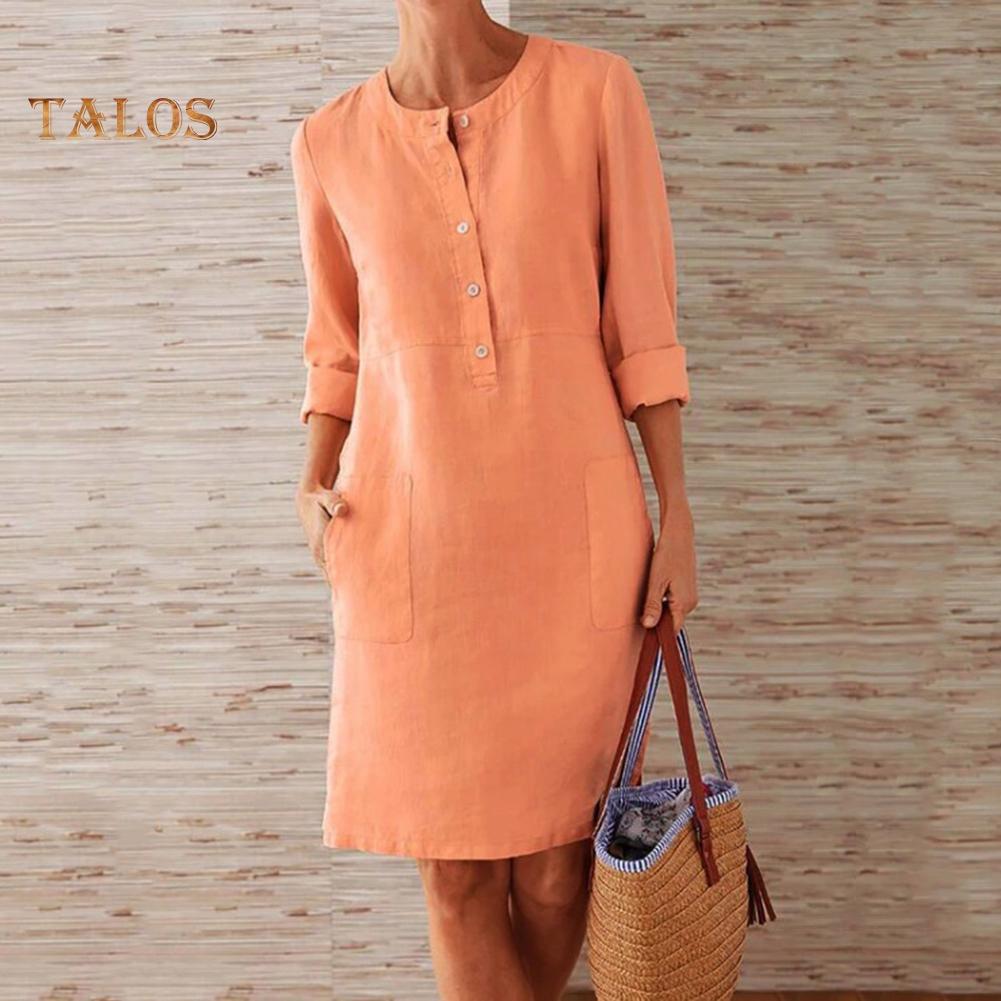 Hi Cutie Women Clothing Loose Solid Color Buttons Cotton Linen Long Sleeve Midi Dress