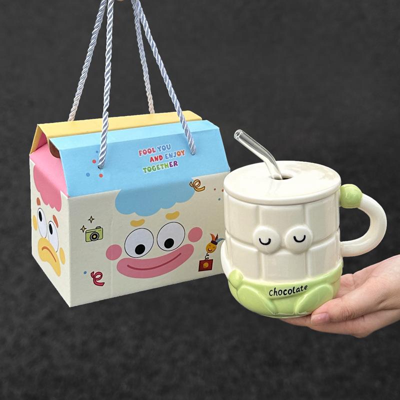 High-value Cartoon Straw Cup Cute Ceramic Mug with Lid for Girls' Girlfriend's Birthday Gift Souvenir
