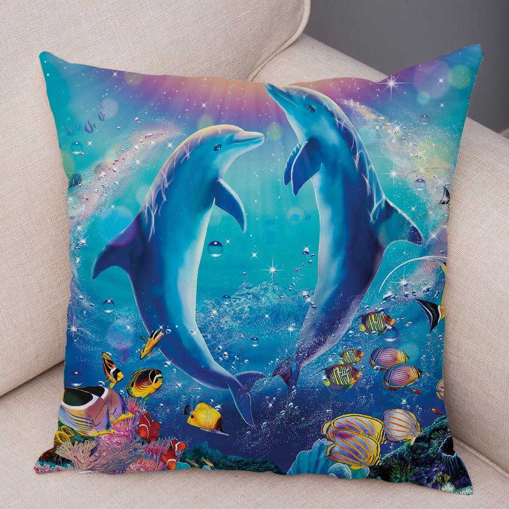Marine Turtle Dolphins Shark Cushion Cover Short Plush Decor Colorful Ocean Animal Pillowcase Pillow Case for Sofa Home Car