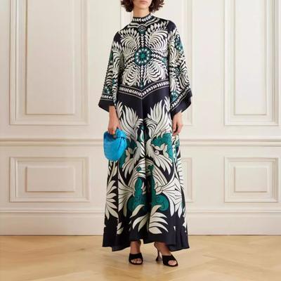 Bedrucktes Maxikleid für Damen mit Stehkragen, Dreiviertelärmeln, tiefem V-Ausschnitt, Robe-Kleid, lässiges langes Sommerkleid für die Arbeit, Partys und den Urlaub