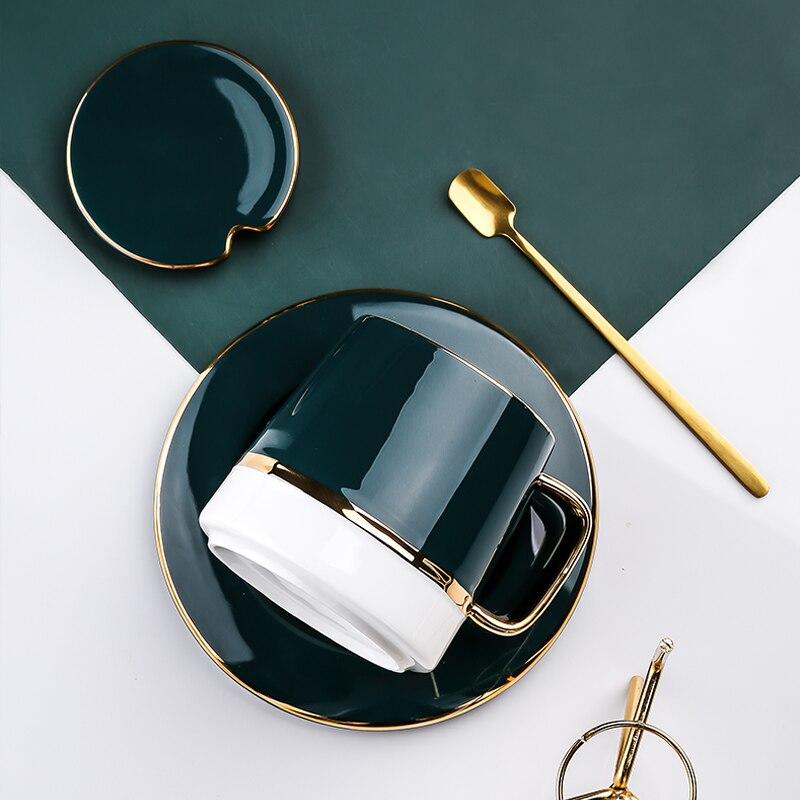 Keramiktasse mit Deckel Milchkaffeetassen Europäisches Porzellan Kreativ Einfach Espresso Paar Teetasse und Untertasse Set Goldlöffel Tassen|Tassen