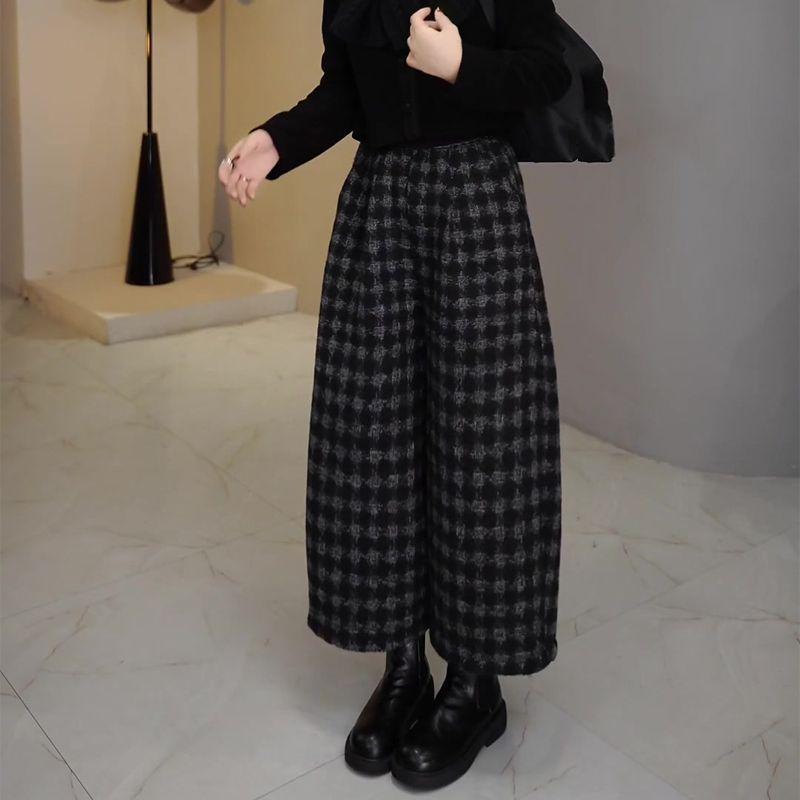Women s Black Retro Plaid Wool Wide-Leg Pants (Autumn/Winter 2025, Korean Style, Thickened, Loose, Slimming, Cropped) XL