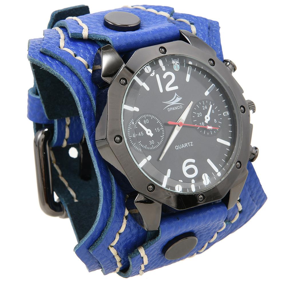 Orologio da uomo Punk Vintage con cinturino multistrato in pelle di mucca cucito a mano e quadrante grande