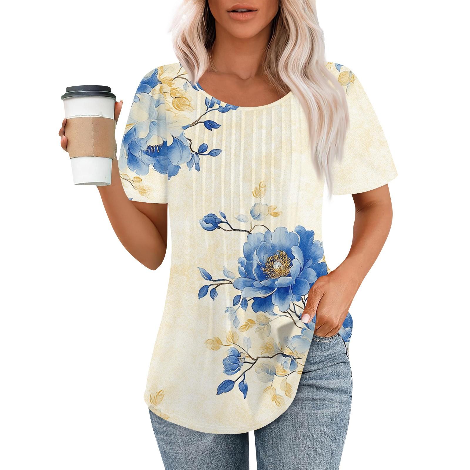 

Women s Fashionable Casual Pleated Round Neck Striped Flower Printed Short Sleeved T Shirt Top S фиолетовый