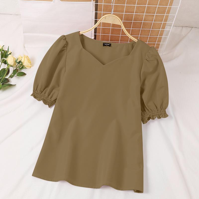 

VONDA Летние женские квадратные V-образные вырезы с короткими рукавами, однотонные повседневные блузки S хаки