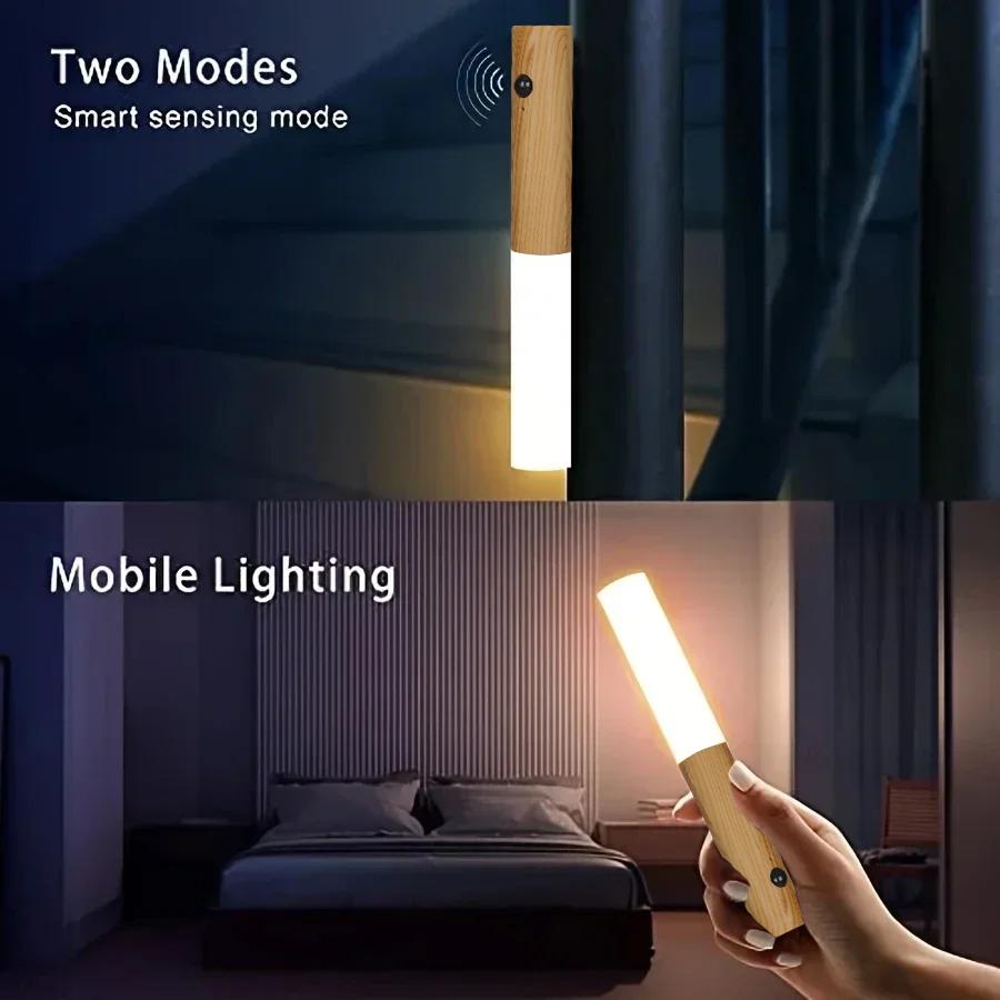 Wood Wall Lamp Kitchen Cabinet Lamp Creative Smart Automatic PIR Motion Sensor LED Charger Magnetic Night Light with Magnetism