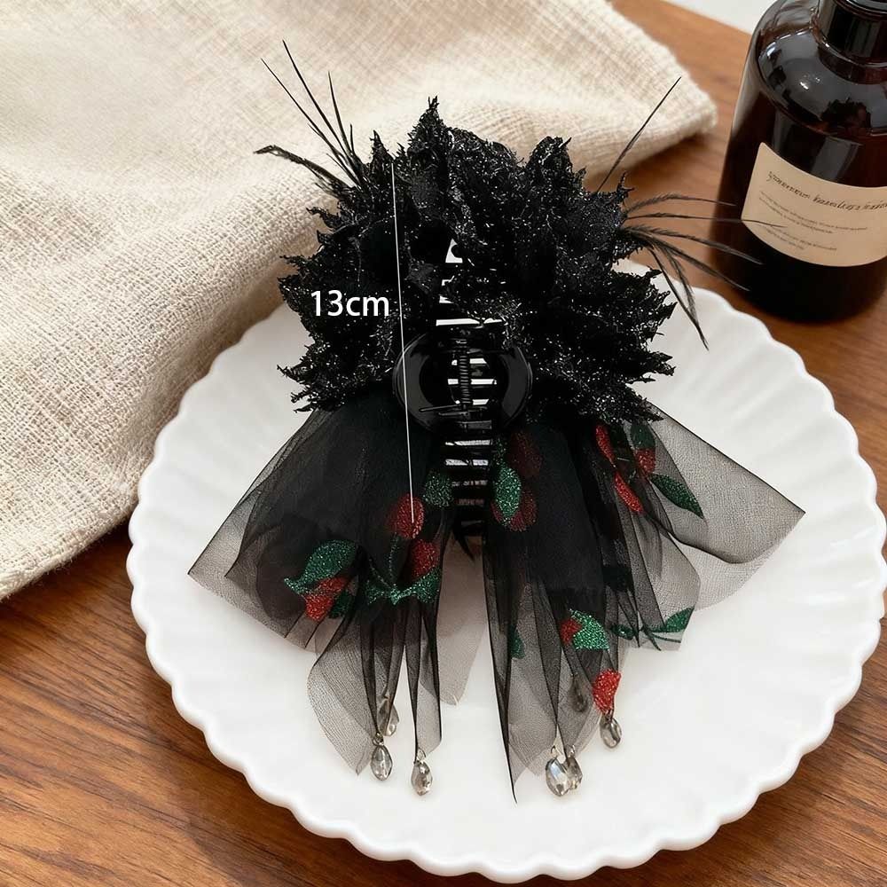 Mesh Peony Flower Hair Clips Crystal Fluffy Shark Clip Elegant Mesh Tassels Hair Claw  Women