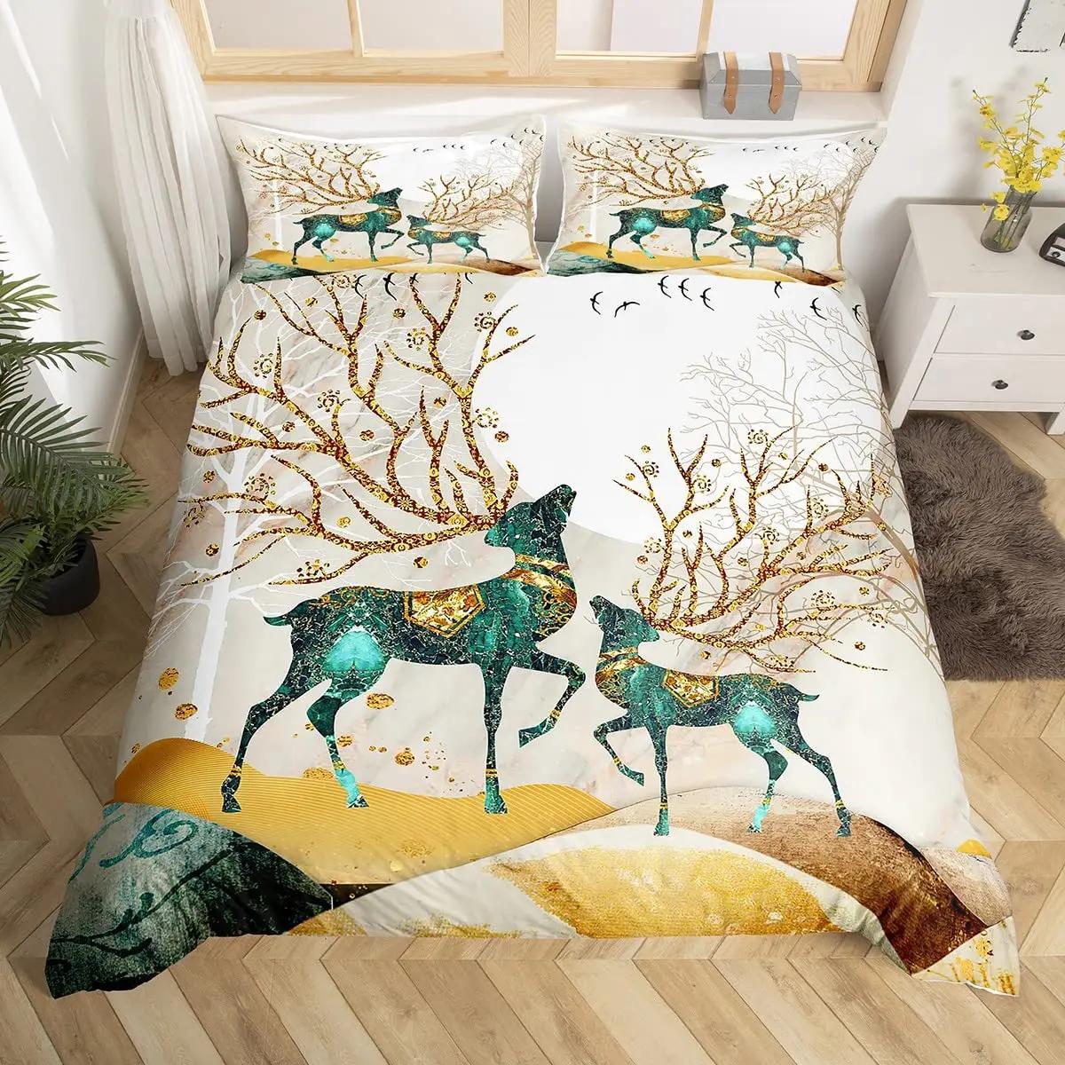 

Comforter Deer Silhouette Deer Antlers Bedding Set Rustic Wooden Plank Comforter Farmhouse Trees Leaves Comforter (quilt)-EU Single(135*200cm)3pcs