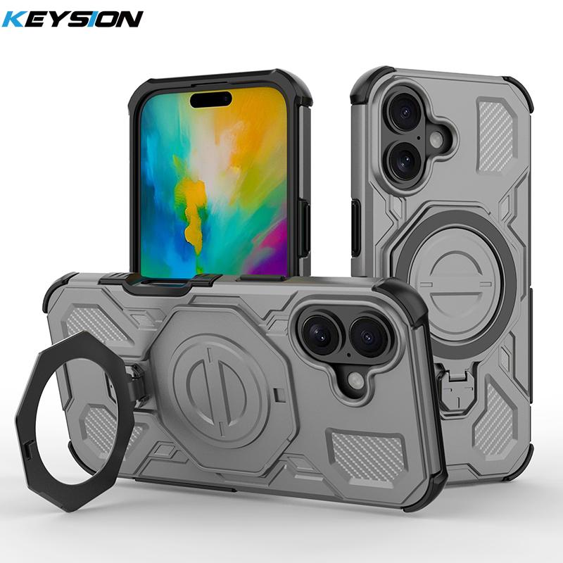 KEYSION Shockproof Magnetic Case for iPhone 16 Pro Max Upright Live Metal Ring Stand Phone Cover for iPhone 15 Pro Max