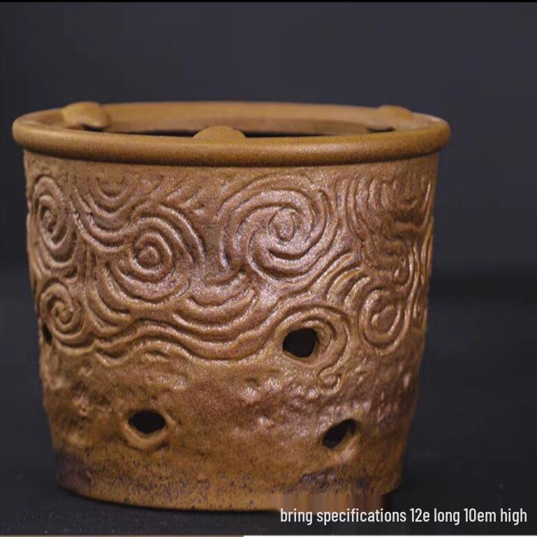 Dunhuang Retro Tea Brewing Set: Coarse Pottery Kettle with Alcohol & Candle Heating Stove Soy Glazed Cloud Pattern Tea Warmer