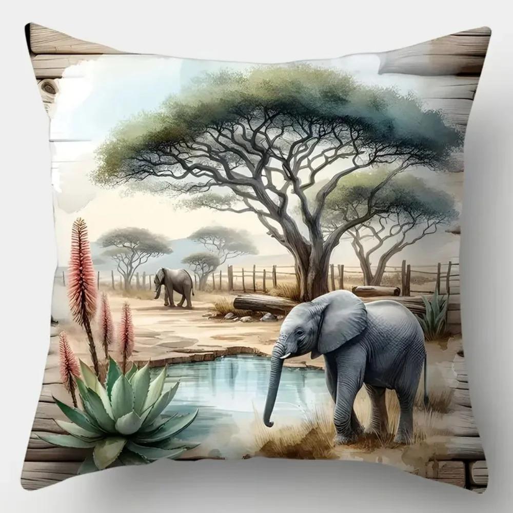African Wildlife Elephants Leopards  Giraffes Pattern Cushion Cover Suitable for Sofa Bedroom Car Pillow Cover