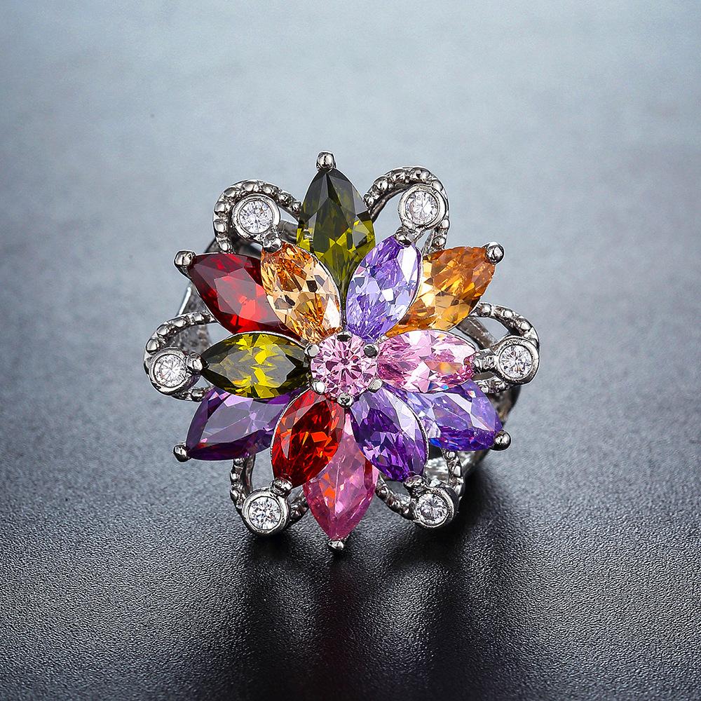 SODROV Rainbow Crystal Jewelry Colorful Zircon Flower Rings for Women