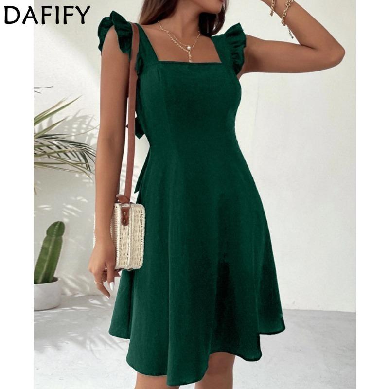 DAFIFY Women's Fashion Summer Spring Solid Color Print Sleeveless Square Collar High Waist Casual Dresses