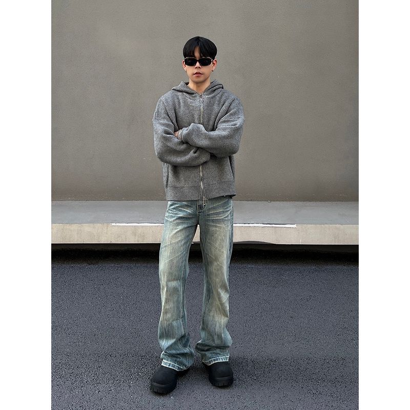 Blaexit American-Style Washed Blue Cleanfit Jeans for Men and Women, Slightly Flared Straight-Leg Vintage Pants