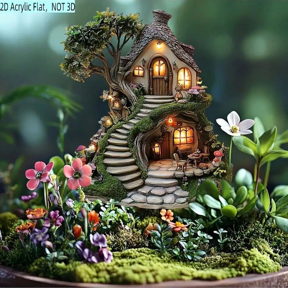 1 skurriler Acryl-Baumhaus-Gartenstecker - bezaubernde Außendekoration, geeignet für Topfpflanzen und Blumenbeetdekoration