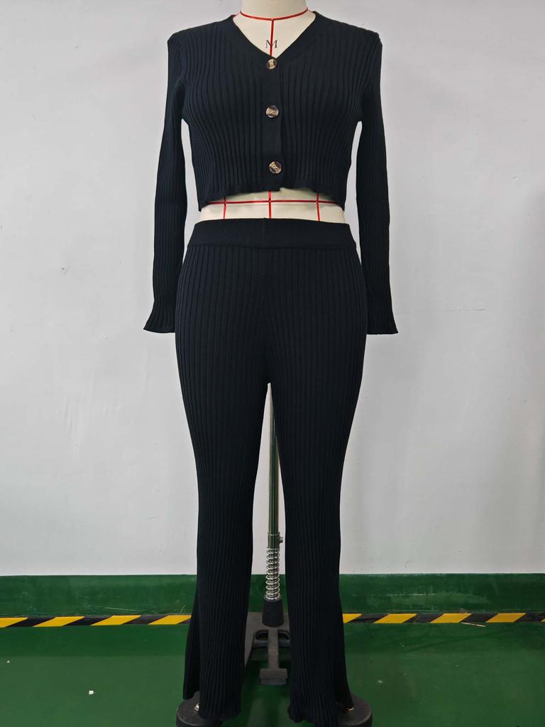 Solid Color Two-Piece V-Neck Short Knitted Cardigan Flared Pants
