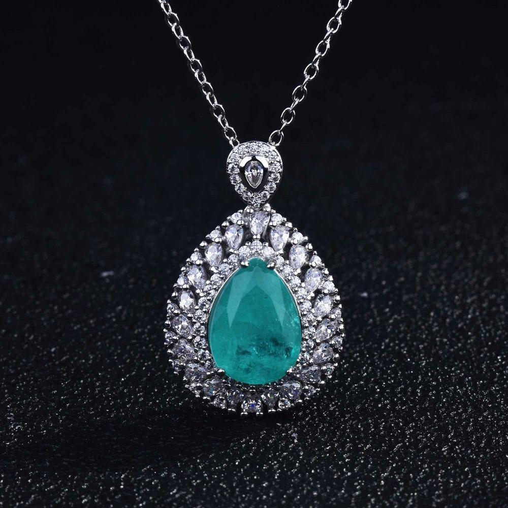 Paraiba Color Gemstone Pendant Necklace Micro Paved Diamond Teardrop Clover Flower Necklace for Women