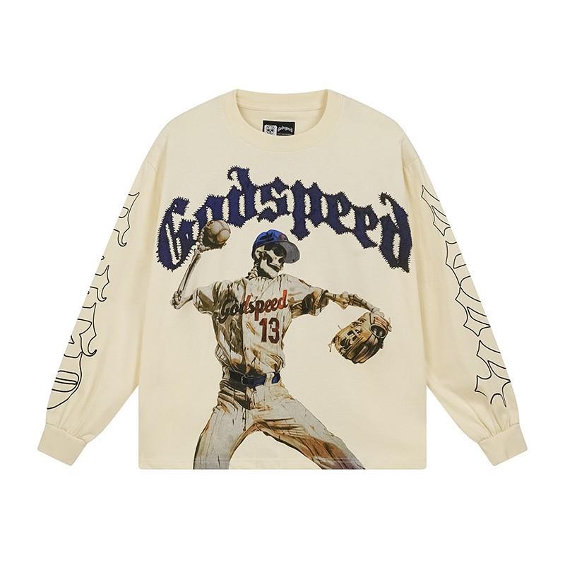 Mens Oversized Cotton Long Sleeve Tee With Skull Graphic Print Streetwear Rock Band Style Loose Fit Teens Adults