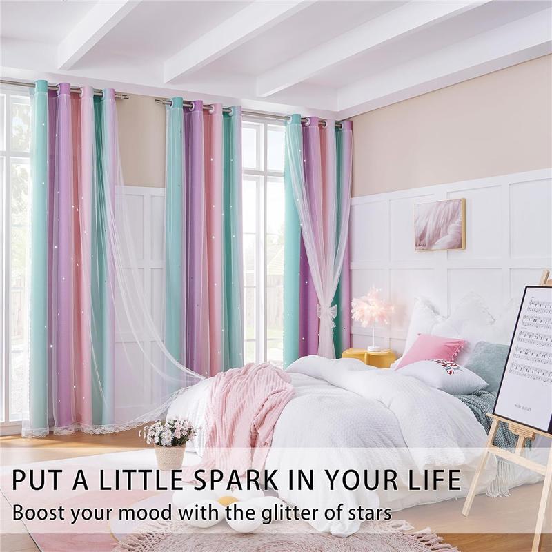 Double Layer Gradient Rainbow Blackout Curtains with Star Cutouts for Kids Room Bedroom Living Room Decor