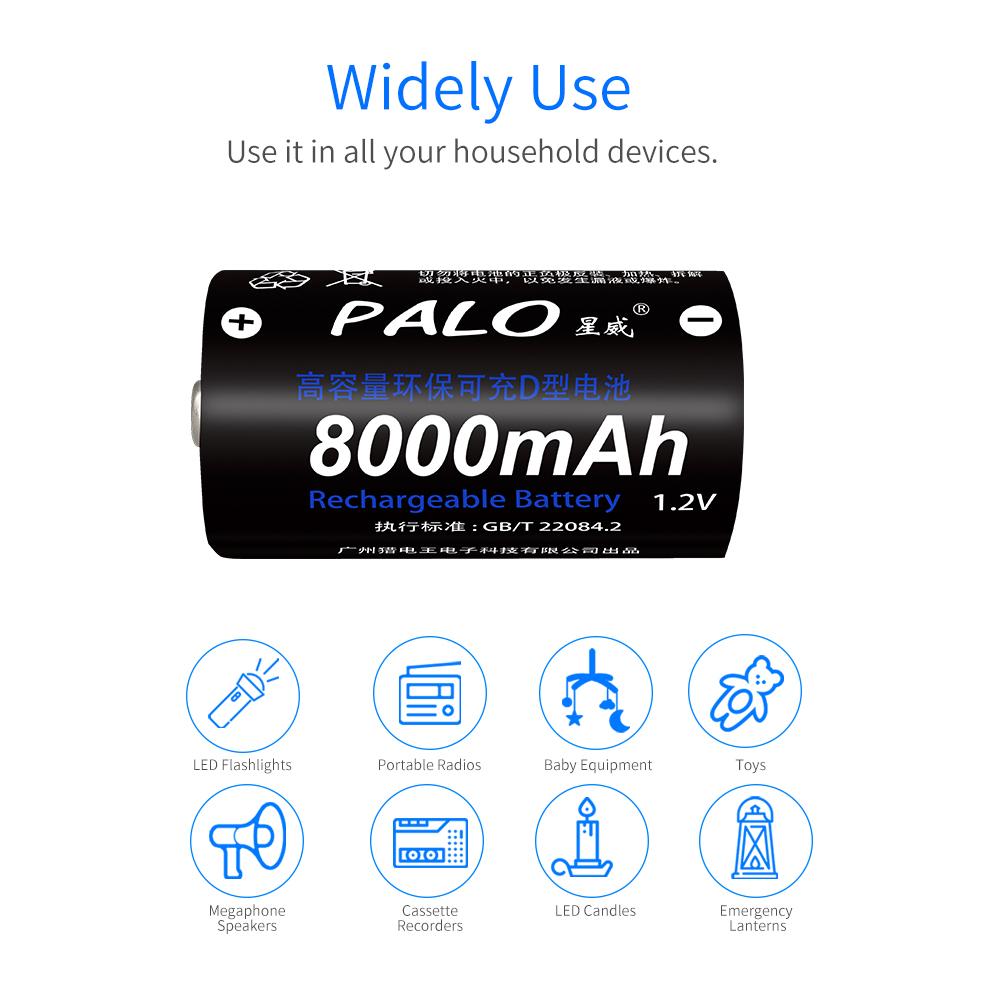 PALO 1.2V Ni-mh D Size Rechargeable Battery Type D R20 8000mAh Low Self-discharge Rechargeable Battery