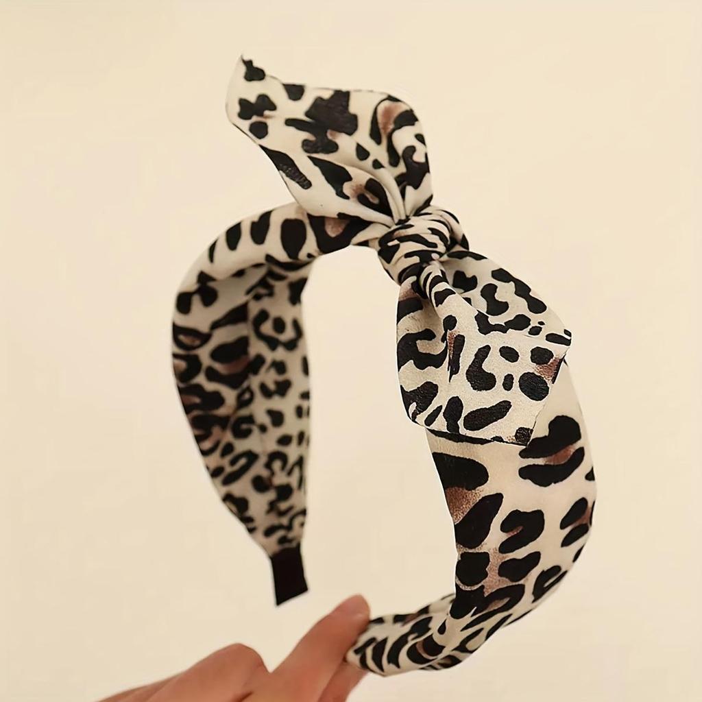 Bentișă coreeană cu imprimeu leopard și fundă, Bentișă din plastic noduit cu temperament, Bandă de păr antiderapantă, Bentișă cu boruri largi, Bandă de păr pentru spălarea feței