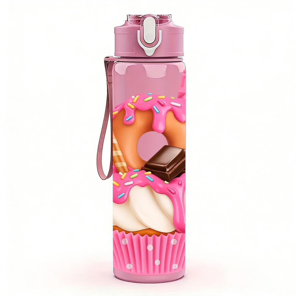 1PC Cupcake Cartoon Pattern 750ml Color Plastic Sports Water Bottle Leakproof Flip Straw Lid Suitable for Sports Office Home Use