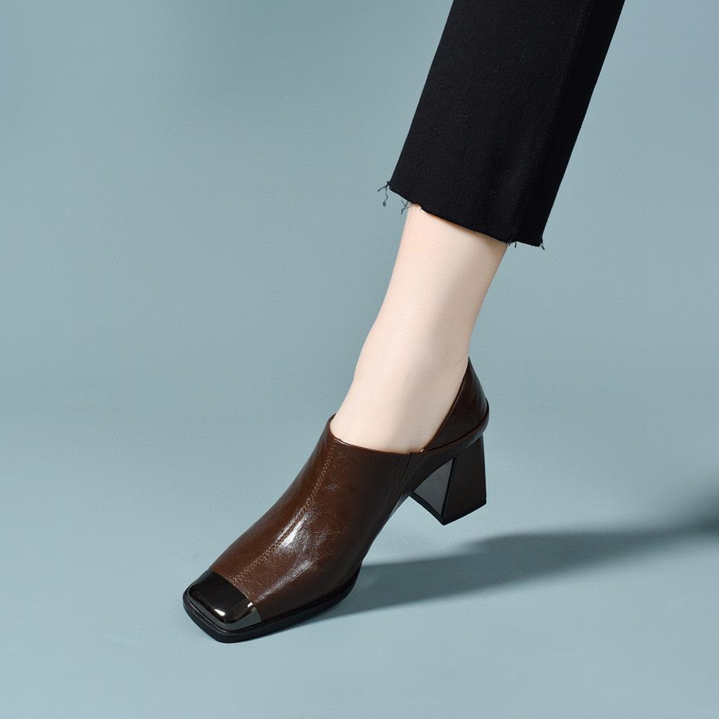 French temperament single shoes women's 2025 spring new iron bag head square head deep mouth women's shoes one shoe two wear women's high heels
