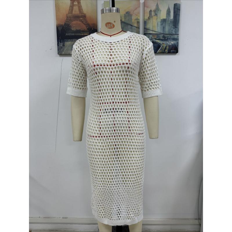 Women's Summer New Seaside Holiday Fashion Solid Color Short Sleeve Knitted Long Dress