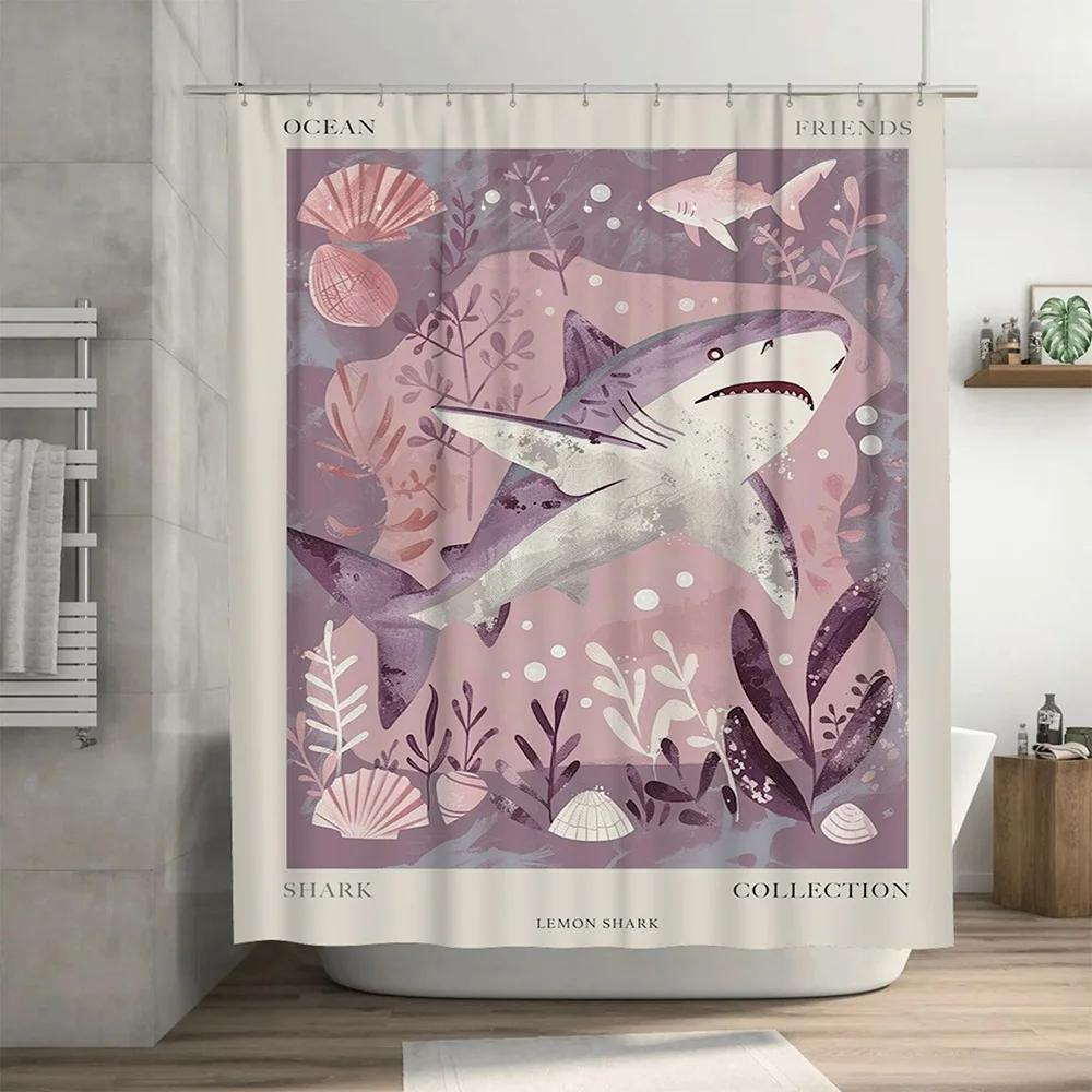 Vibrant Underwater Life Shower Curtain Decor Shark Collection Purple Pink Mermaid Seashell Marine Art Print Bathroom Accessory W90xH180cm