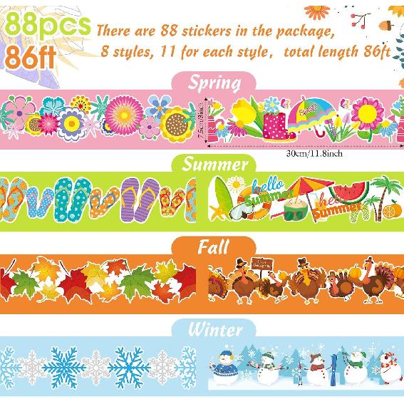 TaoBary 88 Pcs Holiday Bulletin Board Borders Stickers 86ft Seasonal Bulletin Board Decorations Fall Winter Spring Summer Trim Borders Decor In 8