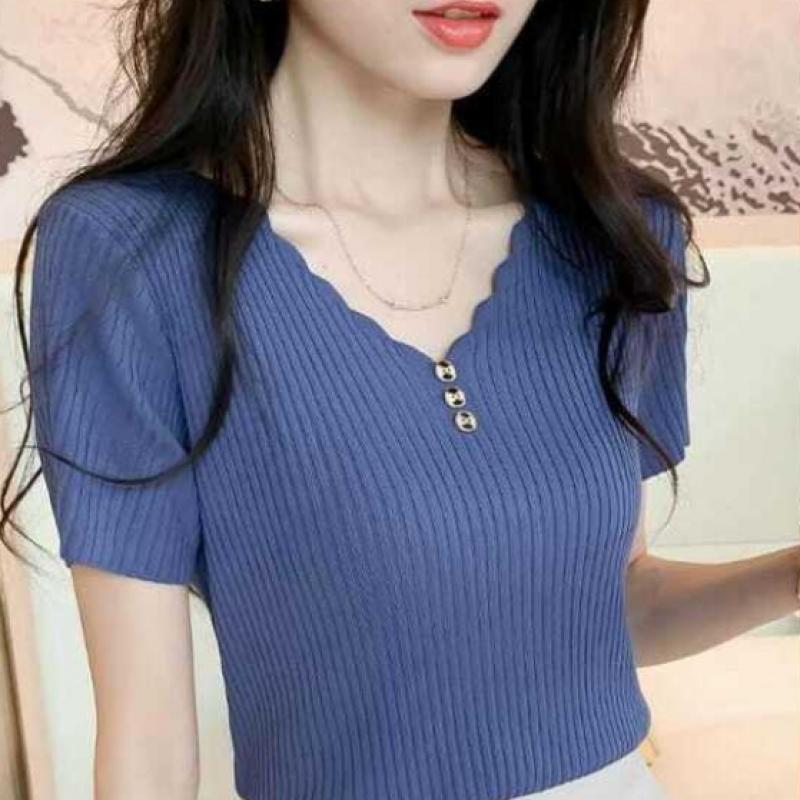 Shop   Women Wave Neck Ribbed Short Sleeve Knit Won Wkn Wfje4mz