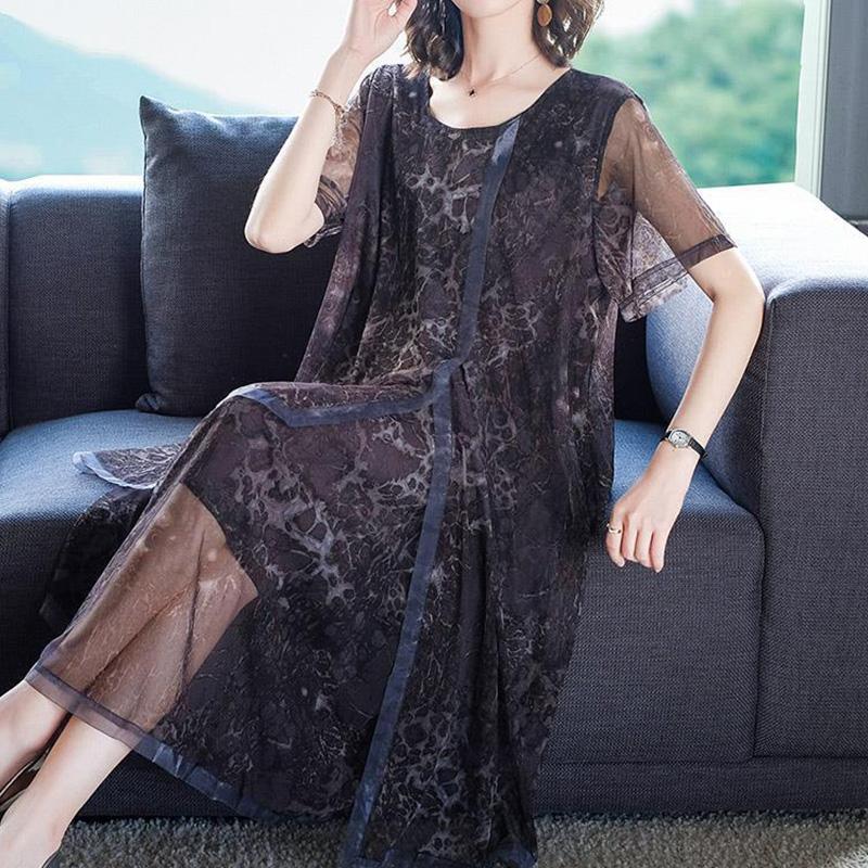 Elegant Fashion Leopard Printed Asymmetrical Dresses Summer 2025 Short Sleeve O-Neck Oversized Loose Midi Dress Women's Clothing