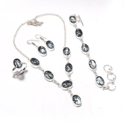 Natürlicher Schwarzer Rutil Edelstein Handgefertigte Halsketten Sets Schmuck Größe 18 Zoll Mädchen- & Damenschmuck Geschenk Für Sie Liebe