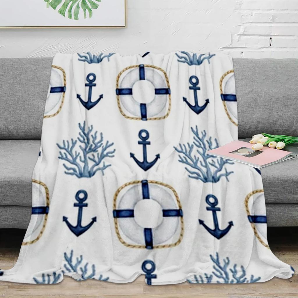Nautical Blue Anchor Rudder Boat Fish Lighthouse Flannel Blanket Travel Picnic Blanket Portable Soft Bedspread Blankets for Beds