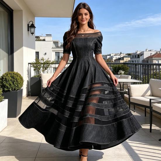 Damen schulterfreies Jeanskleid, Netz-Patchwork Kurzarm A-Linie Swingkleid, Sommer Reise Urlaub langes Kleid