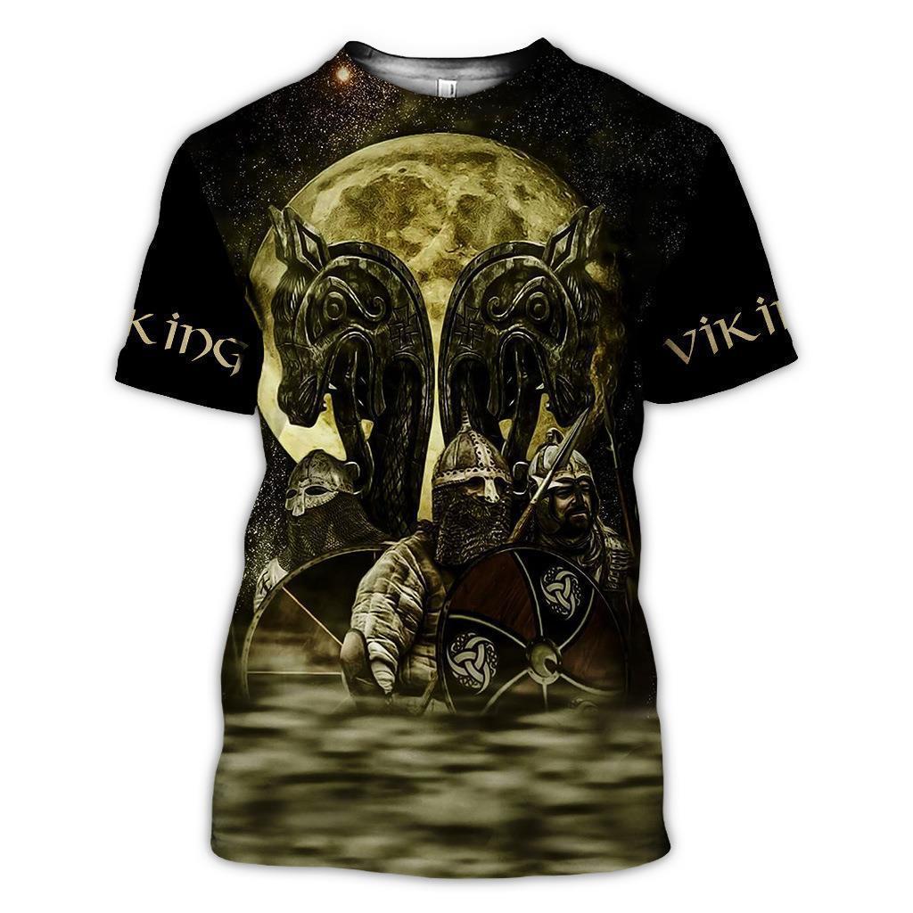 Summer Round Neck 3D Viking Tattoo Print Top Fashionable Casual Short Sleeved Men's T-shirts