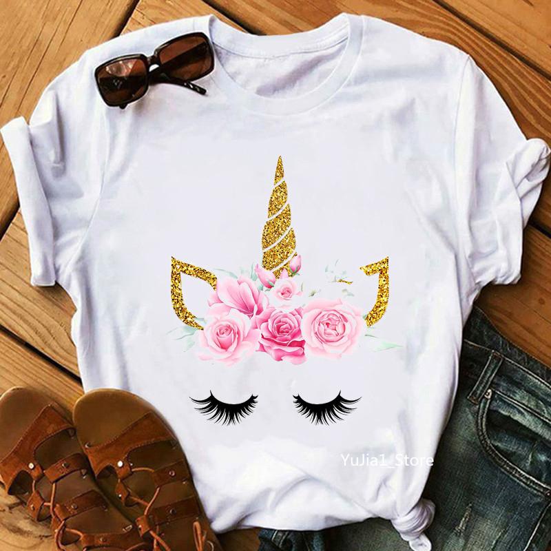 

Kawaii T-Shirt Girls/Women Golden Unicorn Pink Rose Tshirt Femme Harajuku Shirt Summer Fashion Short Sleeve T Shirt Female Tops XXXL білий