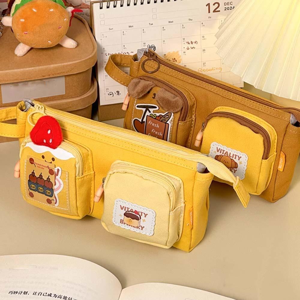 Large Capacity Cartoon Canvas Pen Bag PVC Stationery Storage Bag Cute Bear Pencil Pouch  Daily