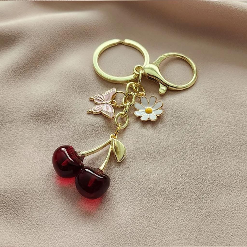 Shiny Cherry Keychain Butterfly Daisy Tassel Bag Pendant Fashion Jewelry Couple Family Keychain Pendant