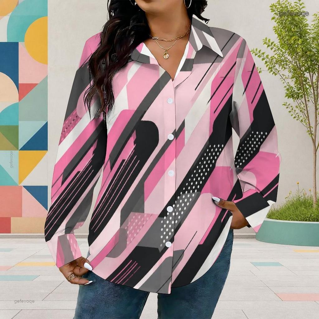 Women Plus Size Printed Collared Long Sleeve Shirt Button Front Curved Hem Pink Black White Gray