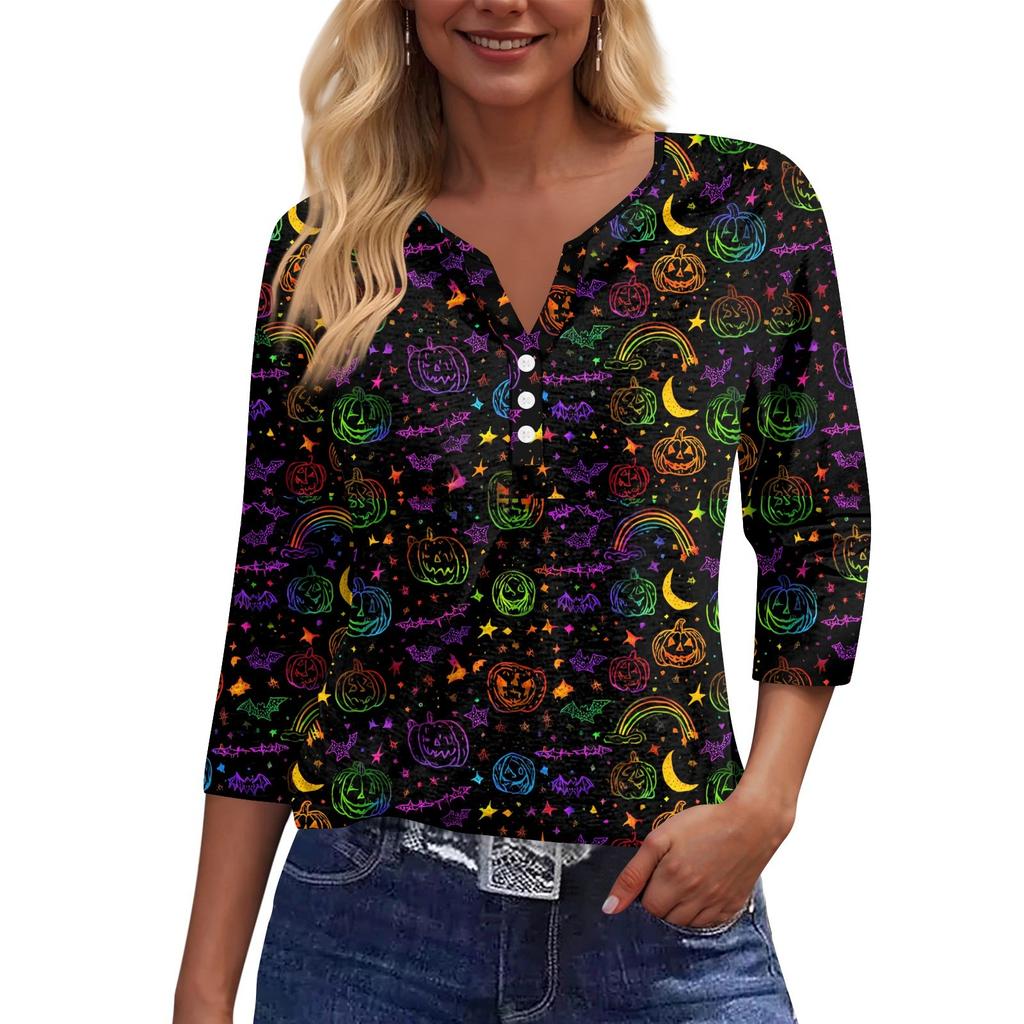 Maglietta da donna con stampa e bottoni, manica 3/4, moda da fine settimana, scollo a V, base, regolare