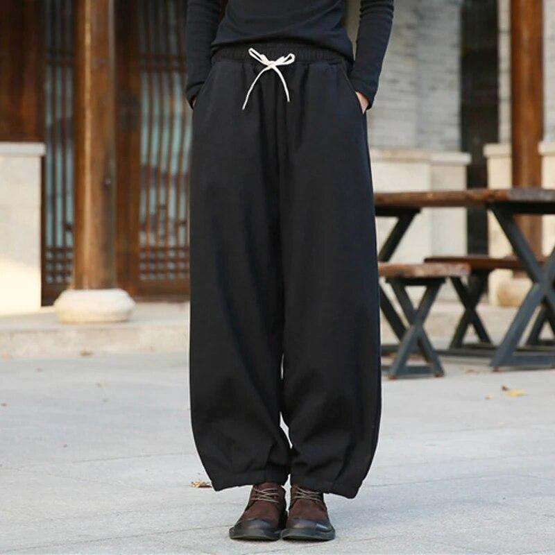 Johnature Women Vintage Cotton Linen Pants Elastic Waist Solid Color Trouser Thick Winter Warm Straight Pants